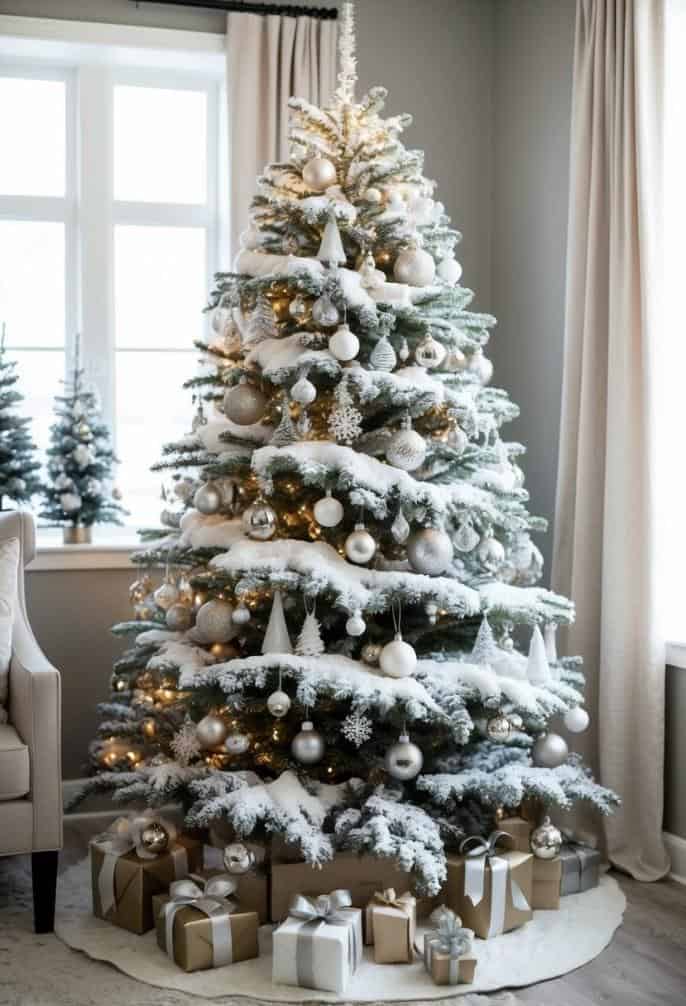 A snow-covered Christmas tree decorated with white and gold ornaments stands near a window with wrapped gifts underneath.