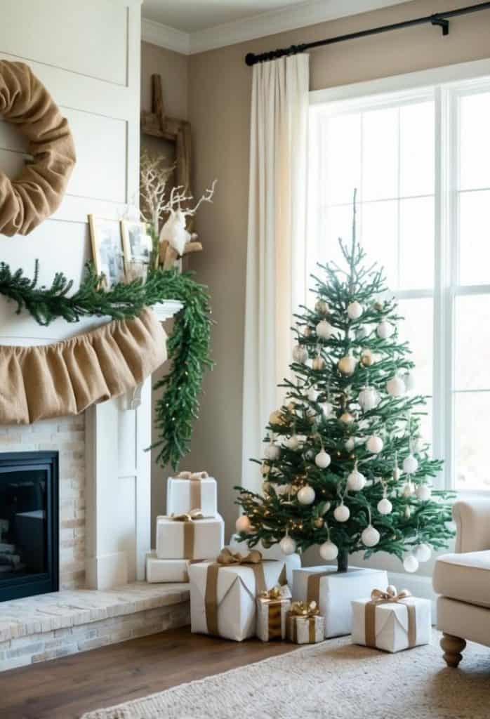 A decorated Christmas tree with white ornaments next to wrapped gifts. A fireplace with garland and a wreath is visible, with light streaming in from a window.