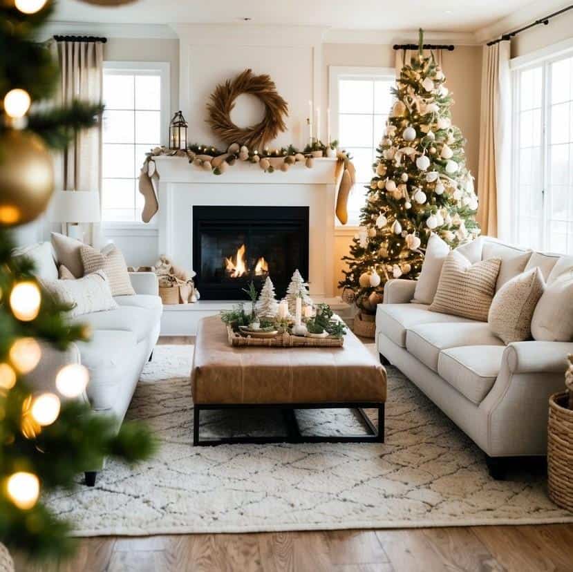 Cozy living room with a decorated Christmas tree, lit fireplace, and plush sofas. A coffee table is adorned with candles and holiday decor. Festive wreath and garland embellish the mantel.