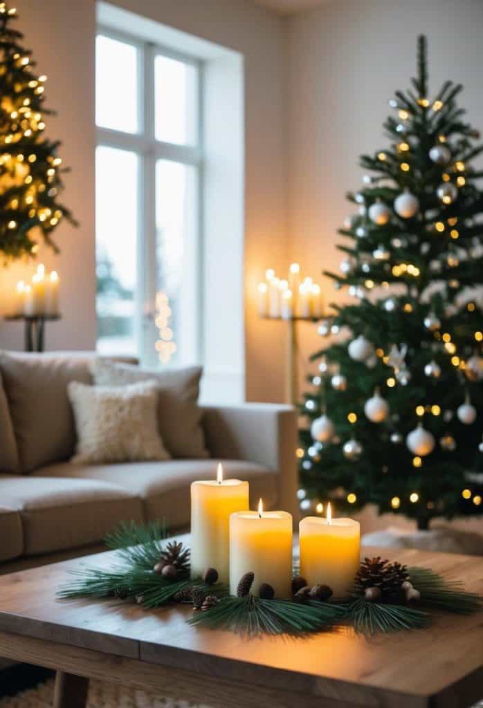 Cozy living room with lit candles on a table, pinecones, and two decorated Christmas trees with lights.