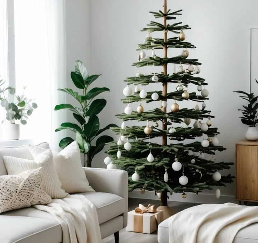 A tall Christmas tree with white and gold ornaments stands in a bright living room. Nearby, there's a beige sofa, a blanket, and a couple of potted plants. A wrapped gift sits under the tree.