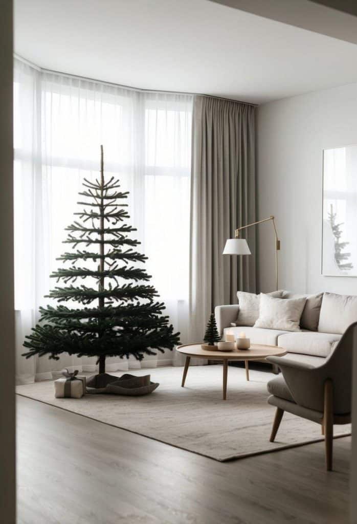 Minimalist living room with a bare Christmas tree, a sofa, a coffee table with candles, and a small tree. Neutral tones and sheer curtains create a serene atmosphere.