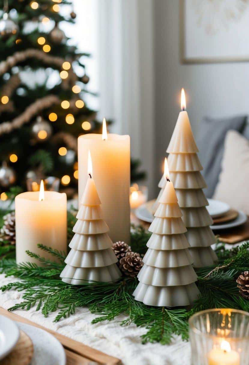 Holiday table setting with lit candles shaped like trees, surrounded by pinecones and greenery. A decorated Christmas tree is blurred in the background.