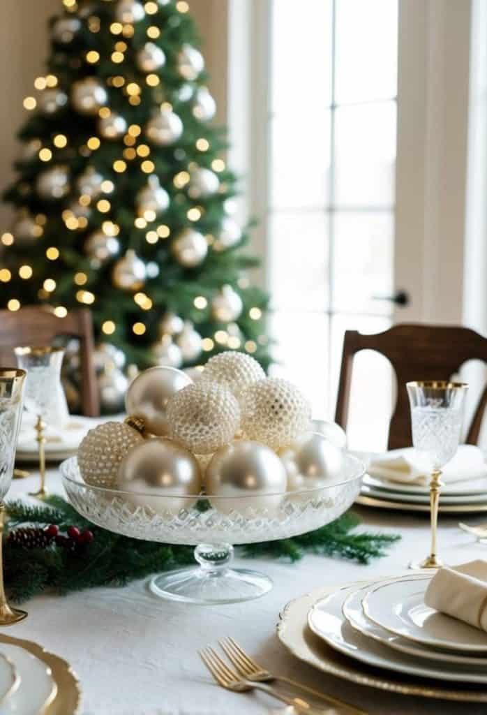 Elegant holiday table setting with a glass bowl of white and pearl ornaments. A decorated Christmas tree with lights is in the background. White plates with gold trim are set on the table.