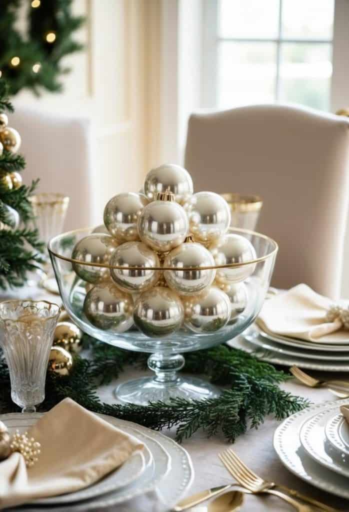 A glass bowl filled with silver ornaments sits on a decorated holiday dining table with plates, napkins, and a fir branch centerpiece.