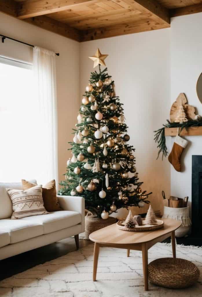 A decorated Christmas tree with gold and white ornaments stands in a cozy living room. A white sofa, wooden coffee table, and fireplace with stockings complete the scene.