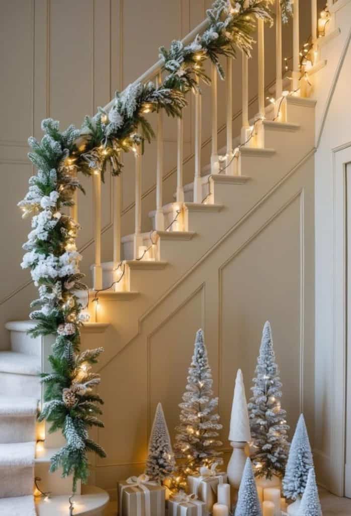 A staircase decorated with snow-covered garland and warm lights. At the base, small Christmas trees and wrapped gifts are arranged.