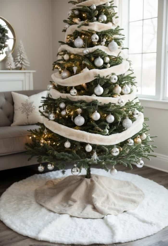 A decorated Christmas tree with white garland and silver ornaments stands on a white rug in a cozy room with a sofa and a window.