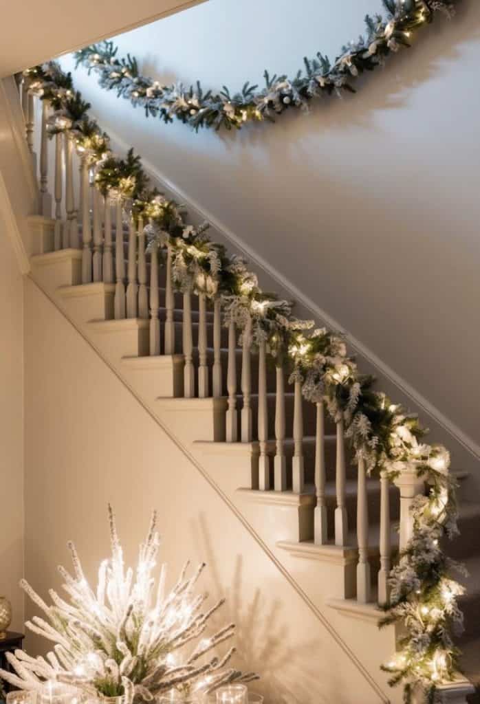 A staircase decorated with a garland of lights and greenery. A lit white tree is visible at the bottom of the stairs.