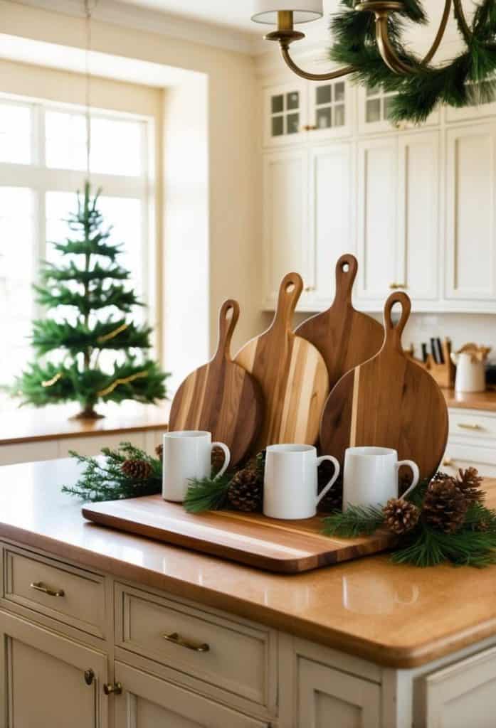 A kitchen with chopping boards, mugs, pine branches, and pinecones on a wooden island. A small Christmas tree stands by the window.