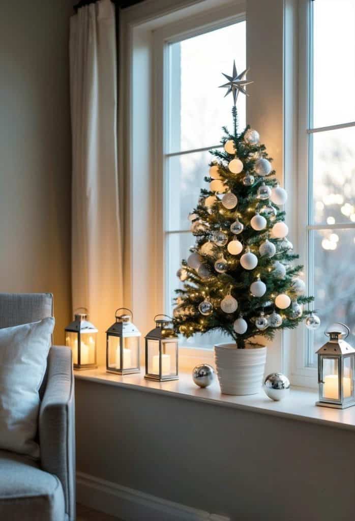 A small Christmas tree with white ornaments and a star topper is placed on a window sill. Lit lanterns are arranged around it, and a sofa with a white pillow is nearby.