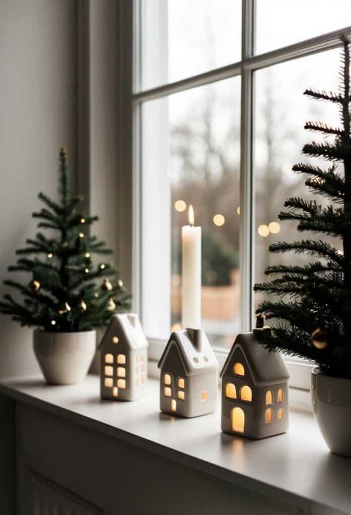 Ceramic house lanterns and a lit candle on a windowsill, flanked by two small potted Christmas trees with lights.