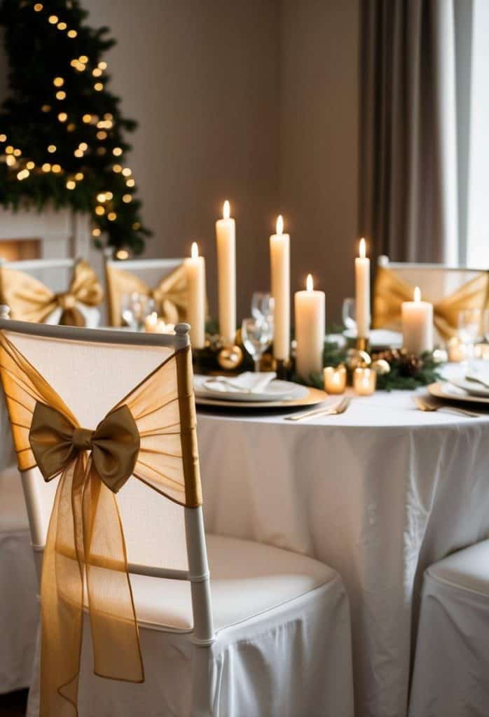 Elegant dining table set for a holiday dinner with white tablecloth, gold-bowed chairs, tall lit candles, and festive decorations, with a lit Christmas tree in the background.