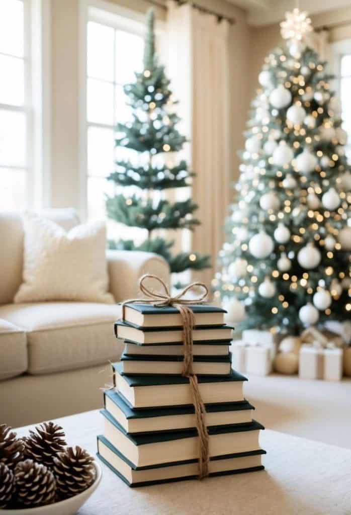 A stack of books tied with twine sits on a table in a living room, with two decorated Christmas trees and wrapped gifts in the background.