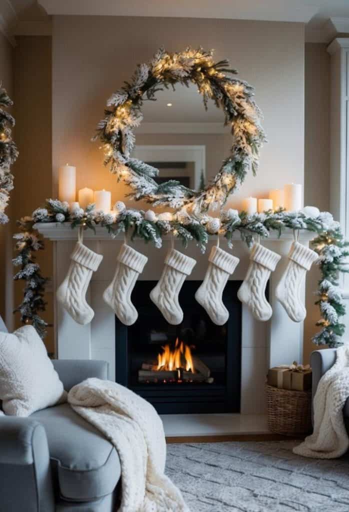 A cozy living room features a fireplace with five white stockings, a wreath, candles, and greenery. A chair with a blanket sits nearby.