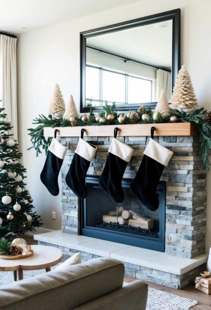 A cozy living room with a stone fireplace, four black stockings, pine decorations, and a Christmas tree with white ornaments.