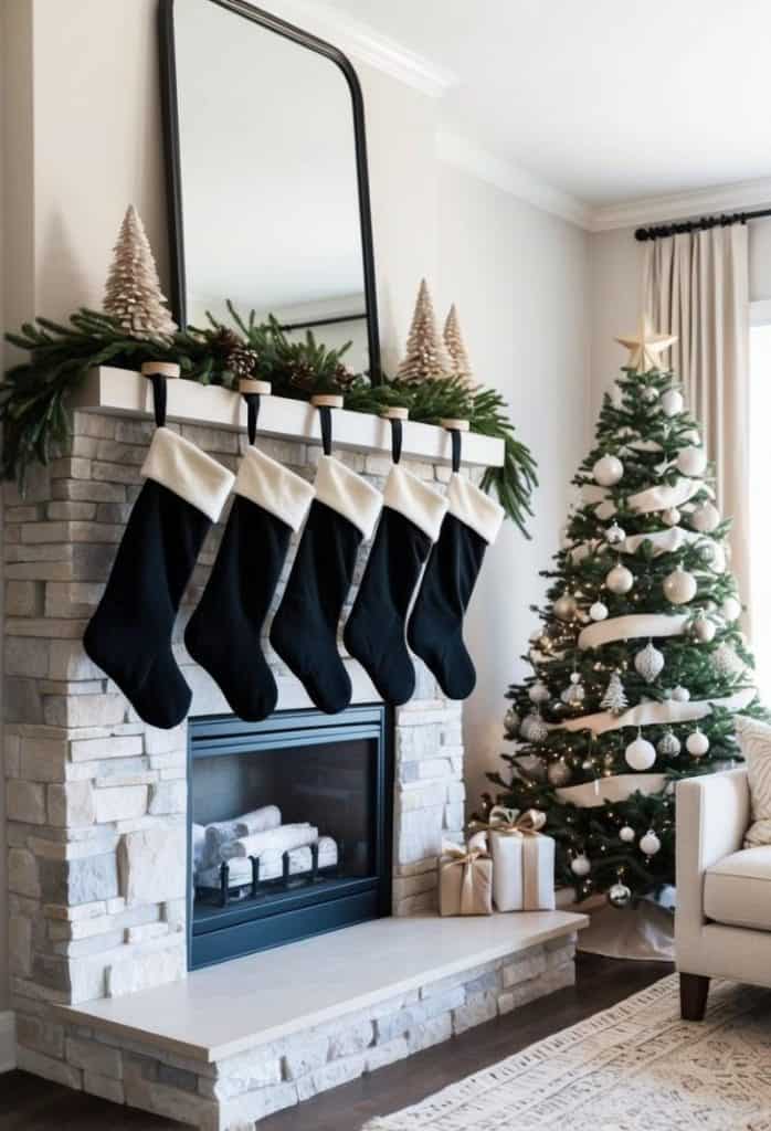A cozy living room features a stone fireplace with five black stockings, greenery, and small trees on the mantel. A decorated Christmas tree with white ornaments stands nearby.