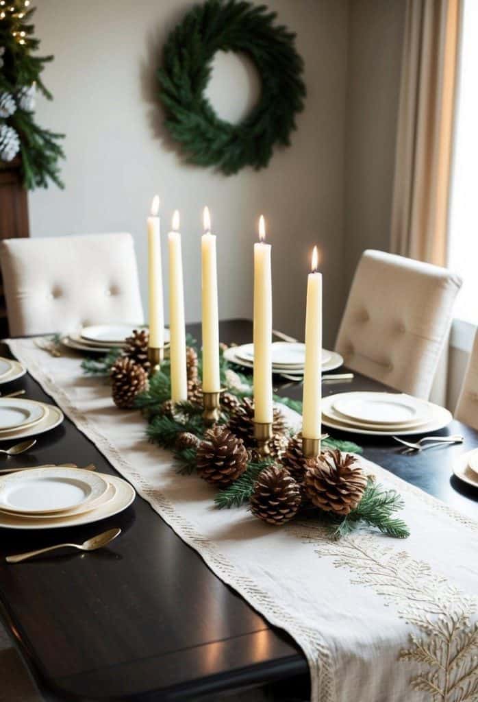 Elegant dining table set with white plates, gold utensils, and tall candles. Pinecones and greenery adorn the center, surrounded by a festive wreath on the wall.