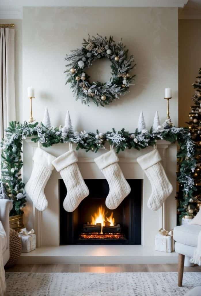 A cozy fireplace is decorated with stockings, a garland, and a wreath. A fire is burning, and wrapped gifts are placed near the hearth.
