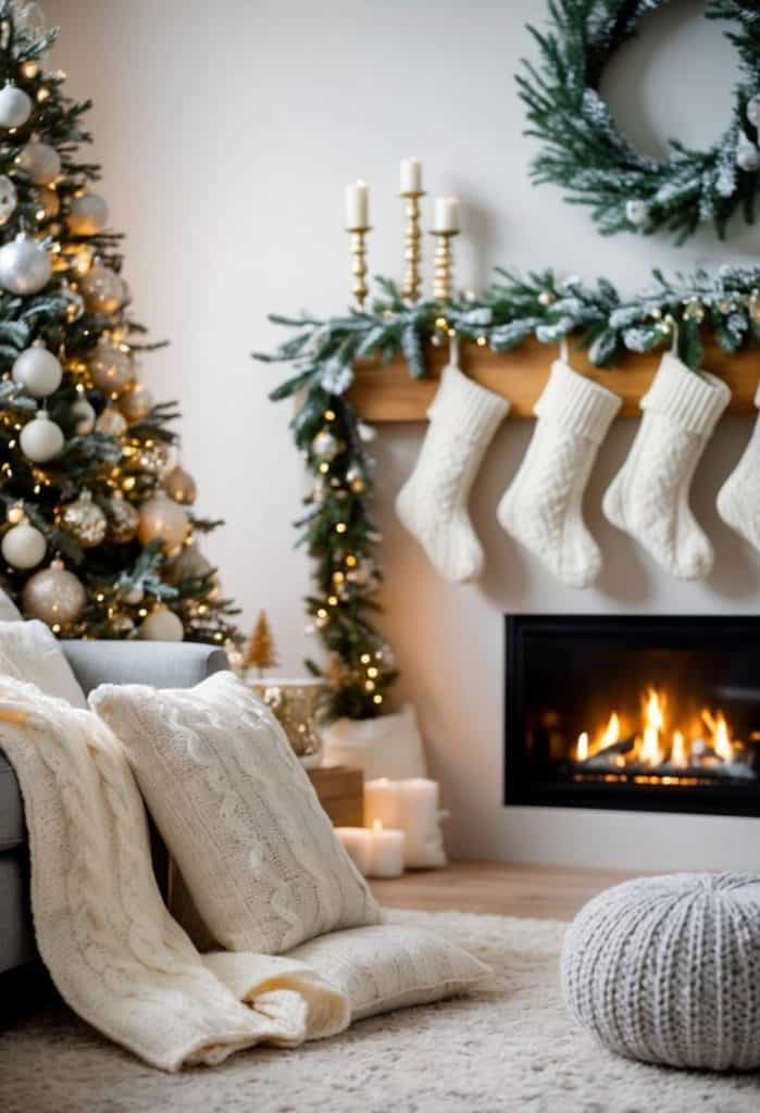 A cozy living room with a fireplace, decorated for the holidays. Stockings hang from the mantle, and a Christmas tree is adorned with lights and ornaments. Cushions and a pouf are on the floor.