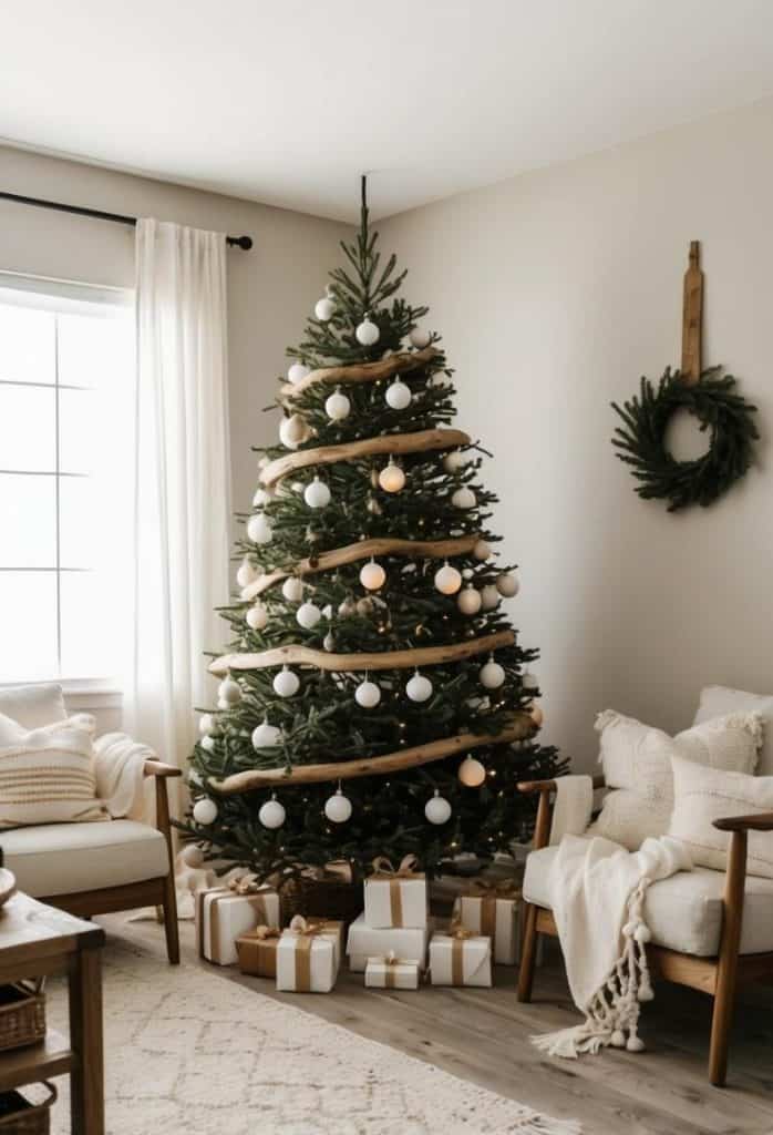 A decorated Christmas tree with white and beige ornaments is in a cozy living room. Wrapped gifts are underneath.