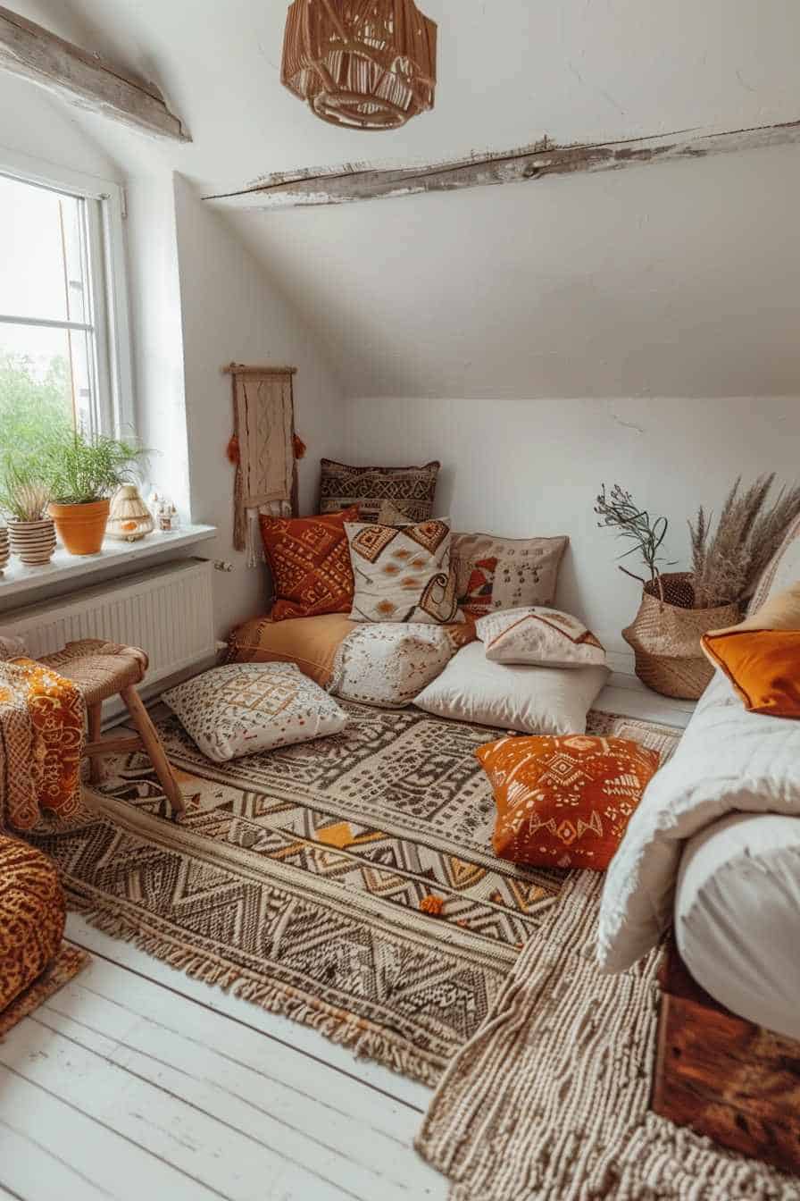 Cozy bedroom with floor cushion pile