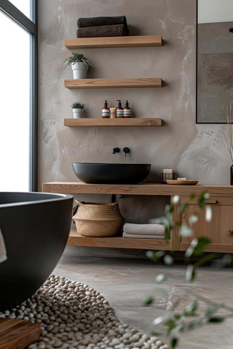 bathroom shelf decor farmhouse modern spa industrial japandi