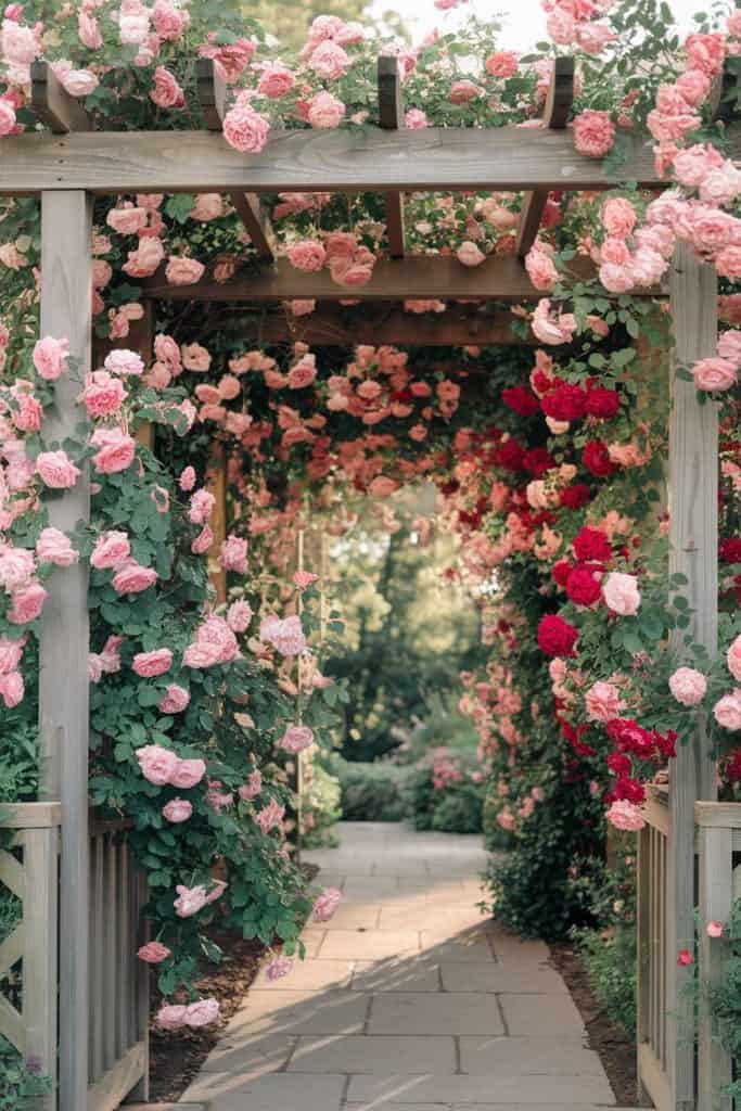 A wooden pergola covered with pink and red roses arches over a stone pathway in a garden.