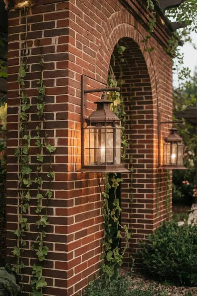 Brick wall with two glass lanterns and climbing vines, creating a rustic ambiance in a garden setting.