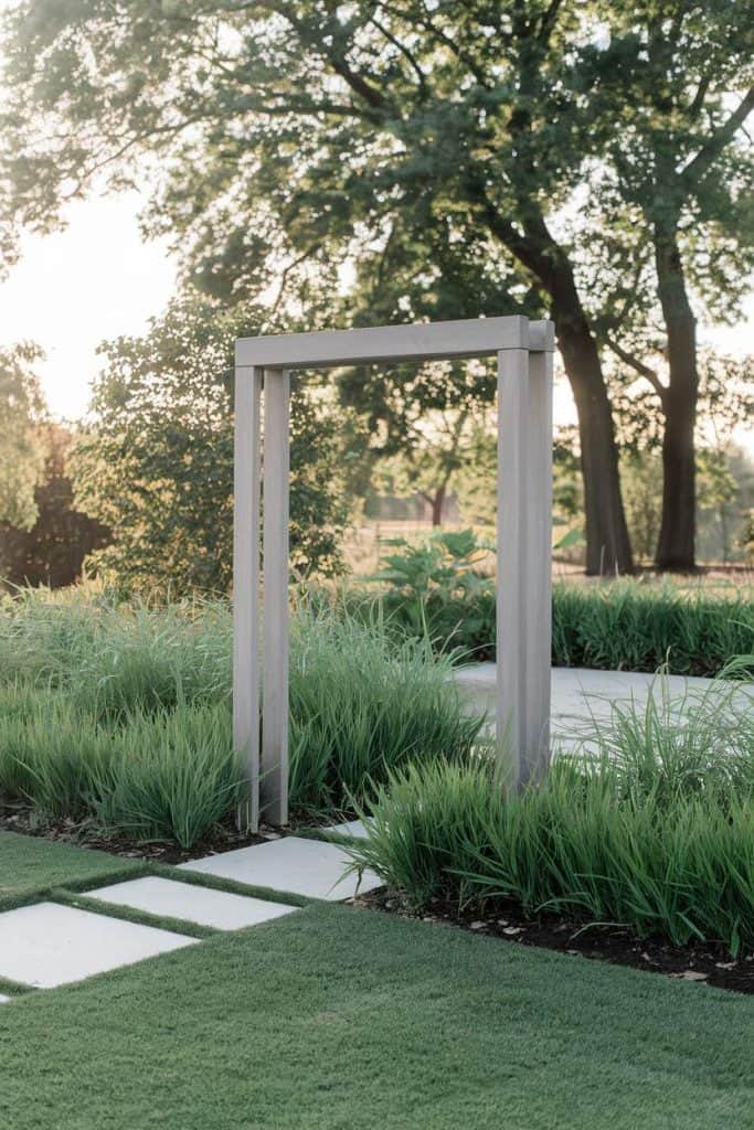 Wooden archway in a garden with grass and paved stone path, surrounded by trees in the background.
