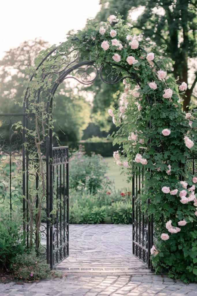 A wrought iron garden archway adorned with pink roses stands open, leading to a lush green garden under a soft, overcast sky.
