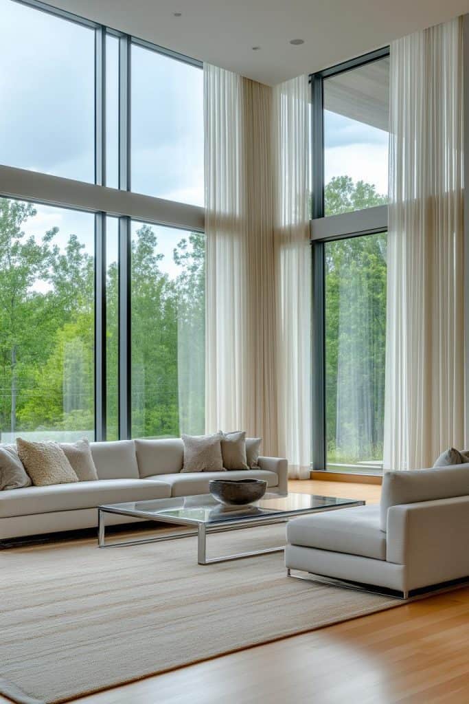 Modern living room with large windows, white sofas, glass coffee table, and neutral decor. Floor-to-ceiling curtains frame the view of green trees outside.