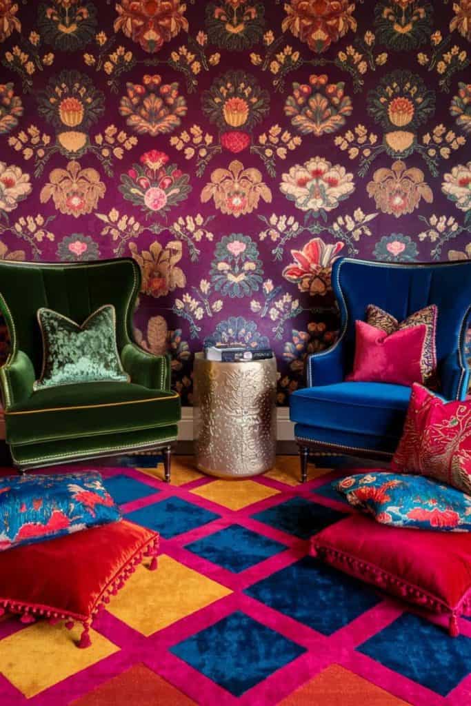 A room with vibrant, floral wallpaper, a green and a blue upholstered chair, a silver side table, and colorful cushions on a geometric-patterned rug.
