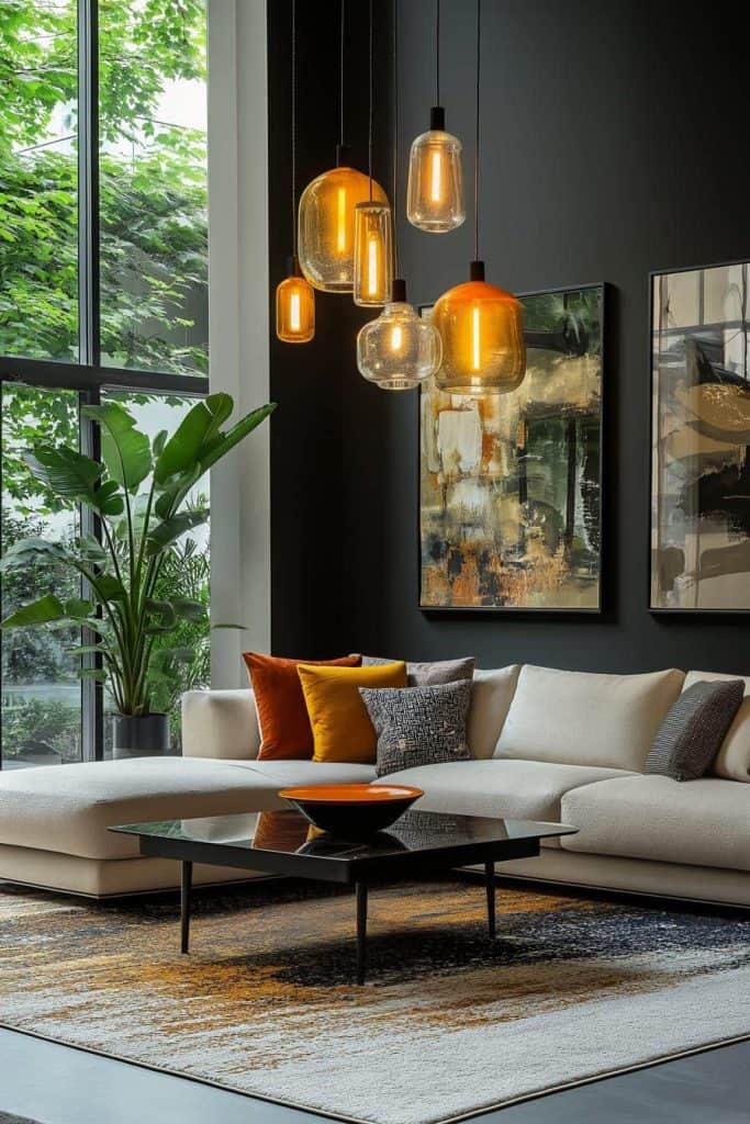 Modern living room with a white sofa, colorful cushions, a glass coffee table, hanging pendant lights, abstract art, large windows, and indoor plants.