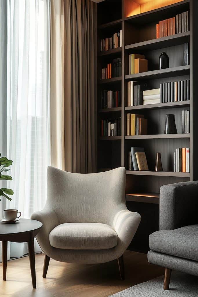 Cozy reading nook with a beige armchair, a small round table with a cup, and a tall bookshelf filled with books. Natural light filters through sheer curtains.