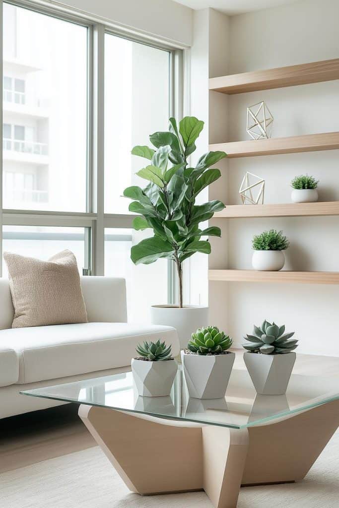 Modern living room with a glass coffee table, potted succulents, a white sofa with a beige cushion, and a fiddle leaf fig plant by large windows. Shelves display geometric decor and plants.