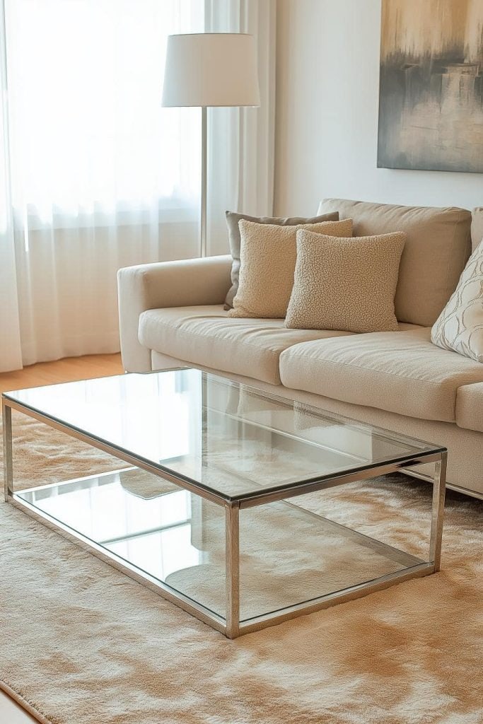 A living room with a beige sofa, three cushions, a glass coffee table with a metal frame, a floor lamp, and abstract wall art. The space is bright with natural light from a window.