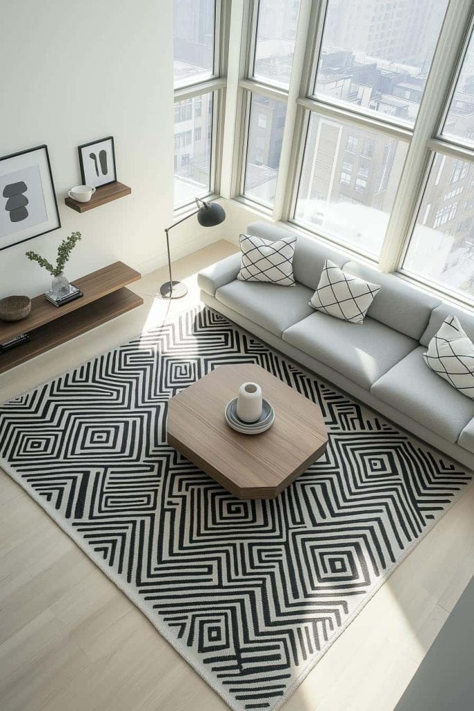 A modern living room with large windows, a gray sofa, geometric pillows, a black and white patterned rug, and wooden shelves with decor items. A hexagonal coffee table holds a vase and a book.