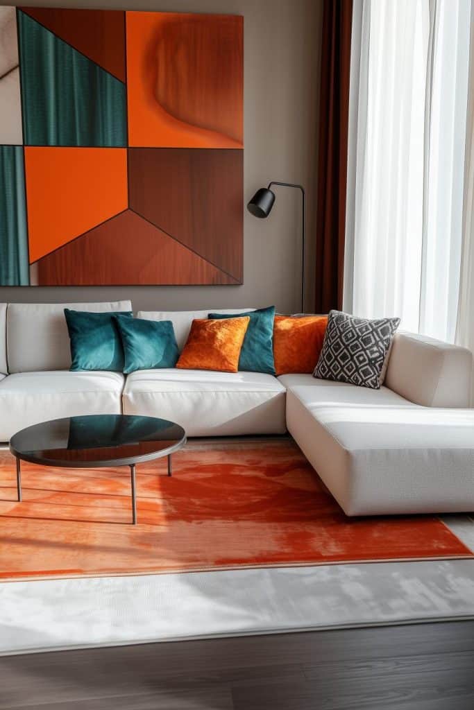 Modern living room with a white sectional sofa, teal and orange cushions, a round glass coffee table, and geometric wall art. A large window with sheer curtains lets in natural light.