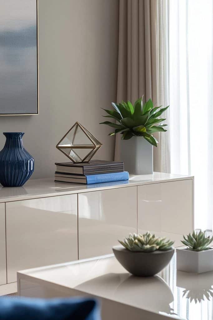 Modern interior with a glossy white cabinet, blue vase, geometric sculpture on stacked books, and a potted plant. Coffee table in foreground with small succulents.