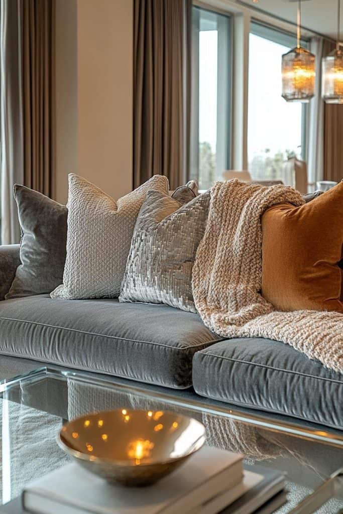 A stylish living room with a grey sofa adorned with textured cushions and a throw. A glass coffee table with a decorative bowl sits in the foreground, and large windows illuminate the space.
