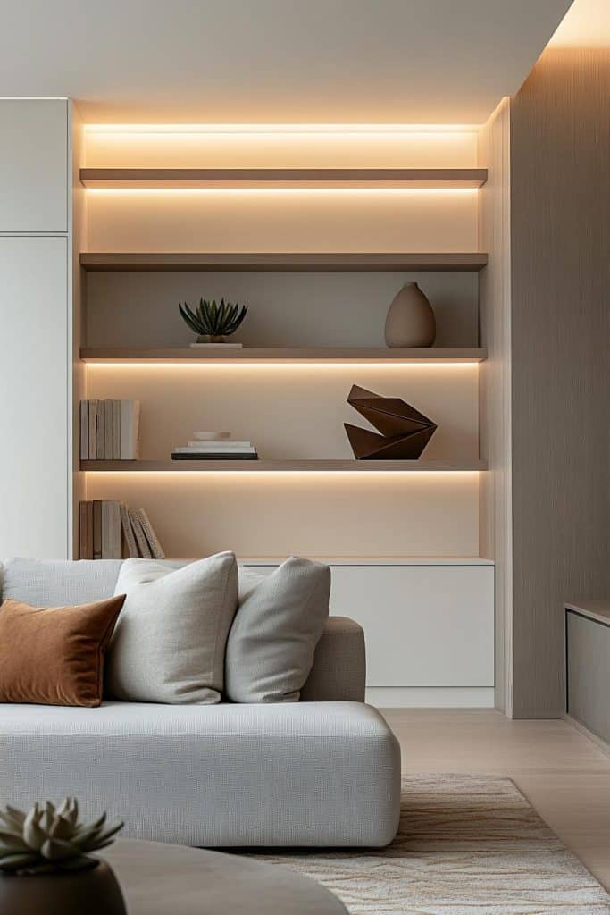 Minimalist living room with a white sofa and a built-in shelving unit. Shelves display books, potted plants, and decorative items. Soft lighting highlights the modern decor.