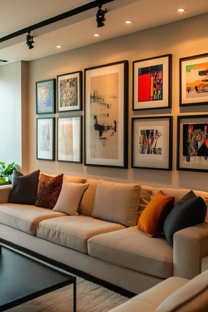 Modern living room with a beige sofa and colorful pillows. Artworks are displayed on the wall above, and a black coffee table is in front of the sofa. Track lighting is overhead.