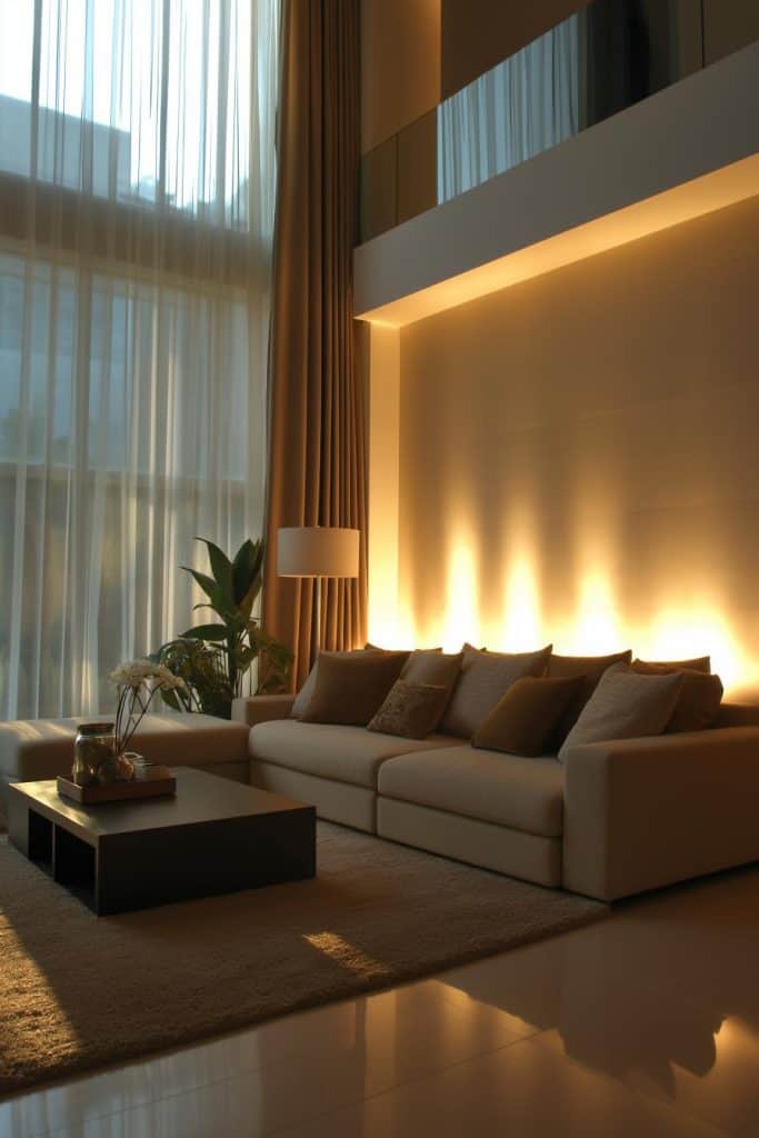 Modern living room with a large beige sofa, cushions, and a coffee table. Floor-to-ceiling windows with sheer curtains allow soft light. A tall plant and lamp are beside the sofa.