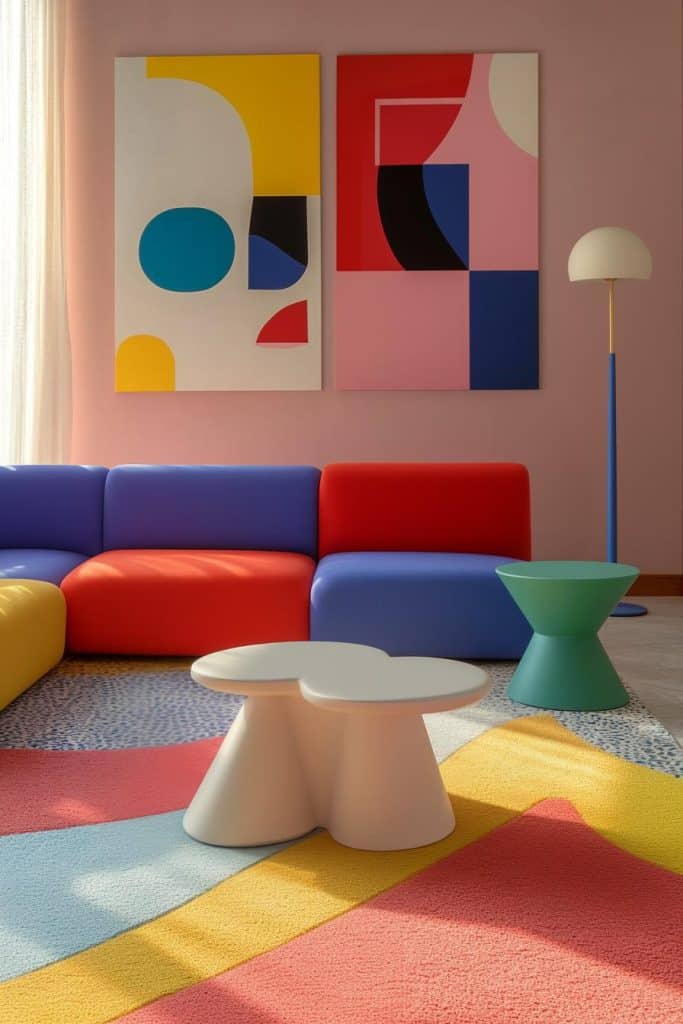 Colorful modern living room with abstract art on the wall, a multicolored sectional sofa, geometric tables, and a patterned rug.