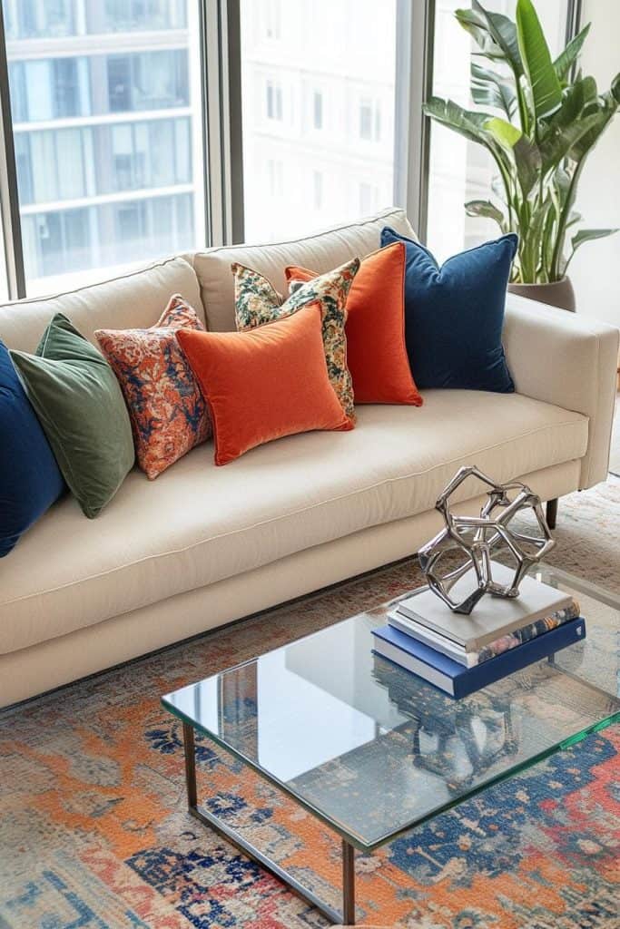 Modern living room with a cream sofa, colorful pillows, a glass coffee table with books and a metal sculpture, and a large plant. Floor-to-ceiling windows overlook city buildings.