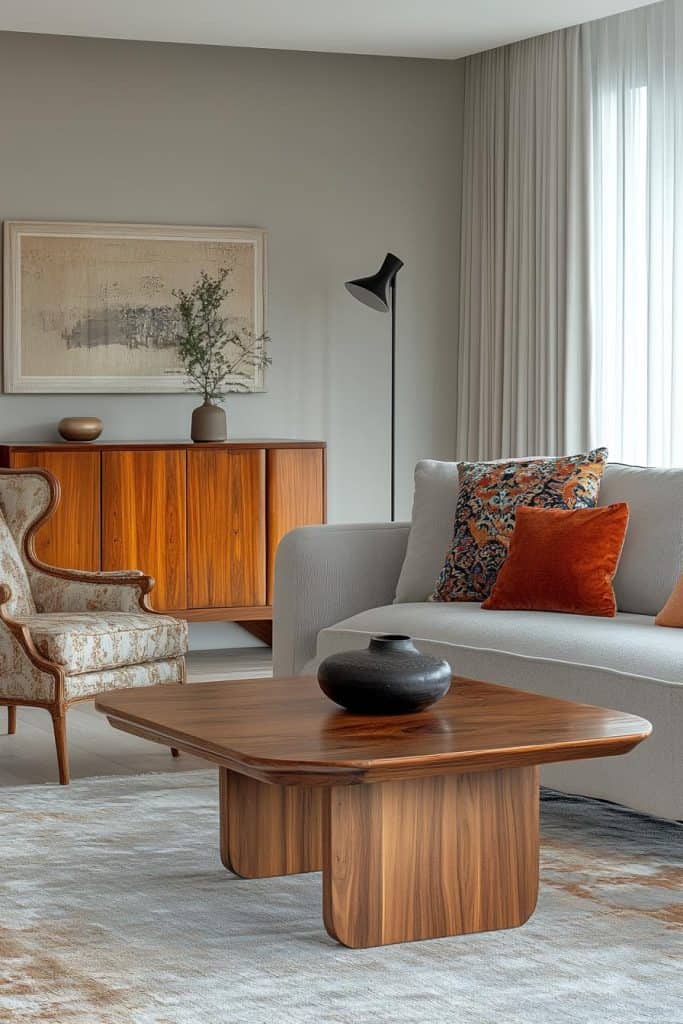 Modern living room with a gray sofa, orange and patterned cushions, a wooden coffee table, and an upholstered armchair. A wood sideboard and floor lamp are in the background.