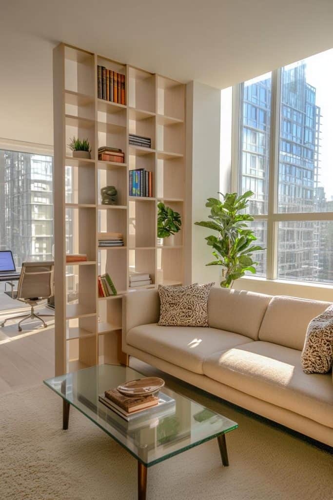 Bright living room with a cream sofa, glass coffee table, and a tall wooden bookshelf. Large windows reveal urban buildings. Indoor plants add greenery. Adjacent view of a home office.