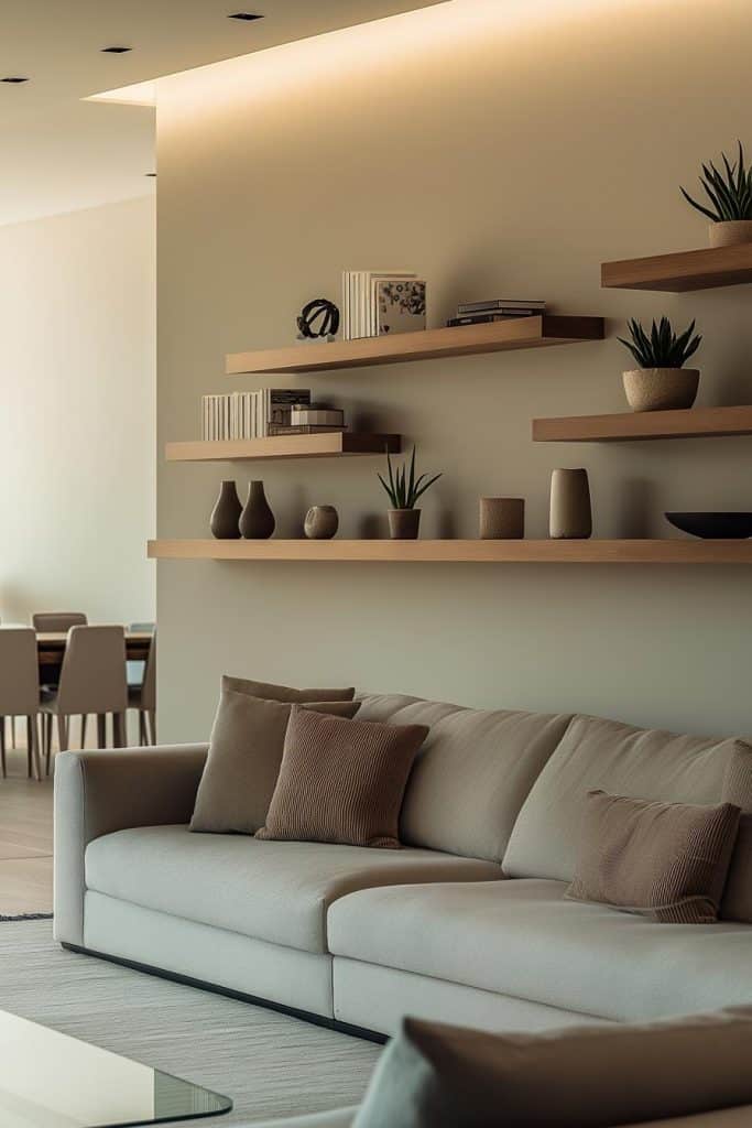 Modern living room with a beige sofa and cushions, wall-mounted shelves displaying books and decorative items, and a view of a dining area with chairs in the background.