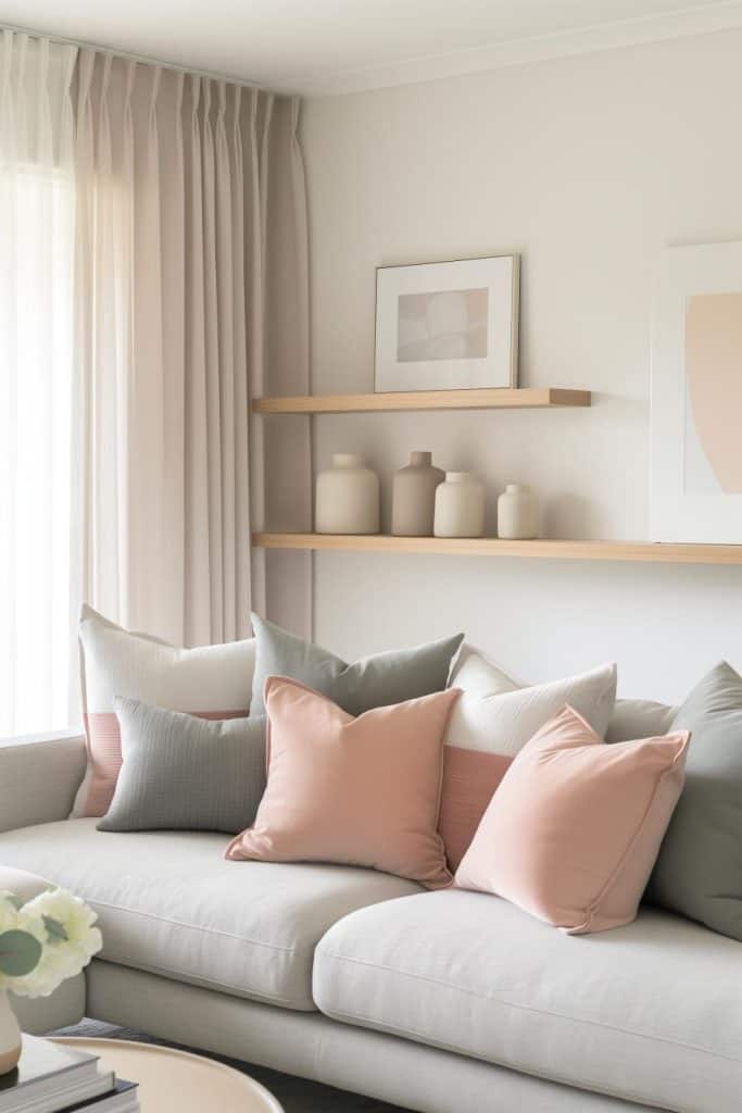 Modern living room with a gray sofa, arranged with pastel pillows. Neutral artwork and ceramic vases are displayed on wooden shelves. Soft lighting filters through sheer curtains.
